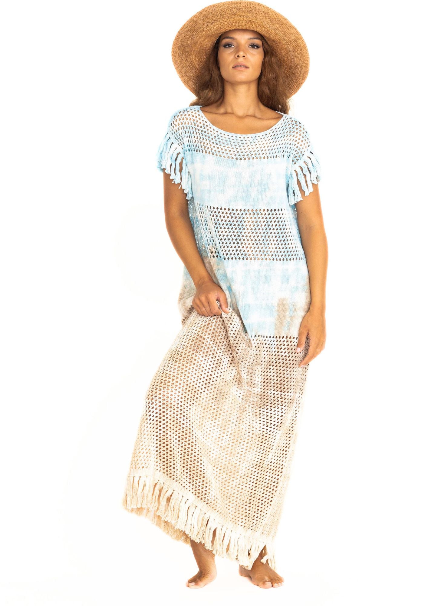 Handcrocheted mesh highend holiday dress in light blue and sand tiedye with fringes