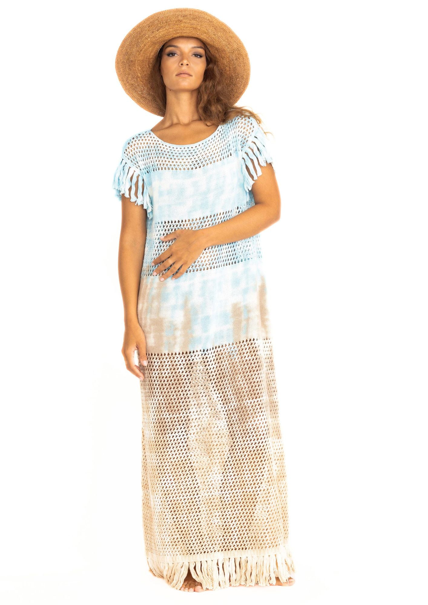 Handcrocheted mesh highend holiday dress in light blue and sand tiedye with fringes