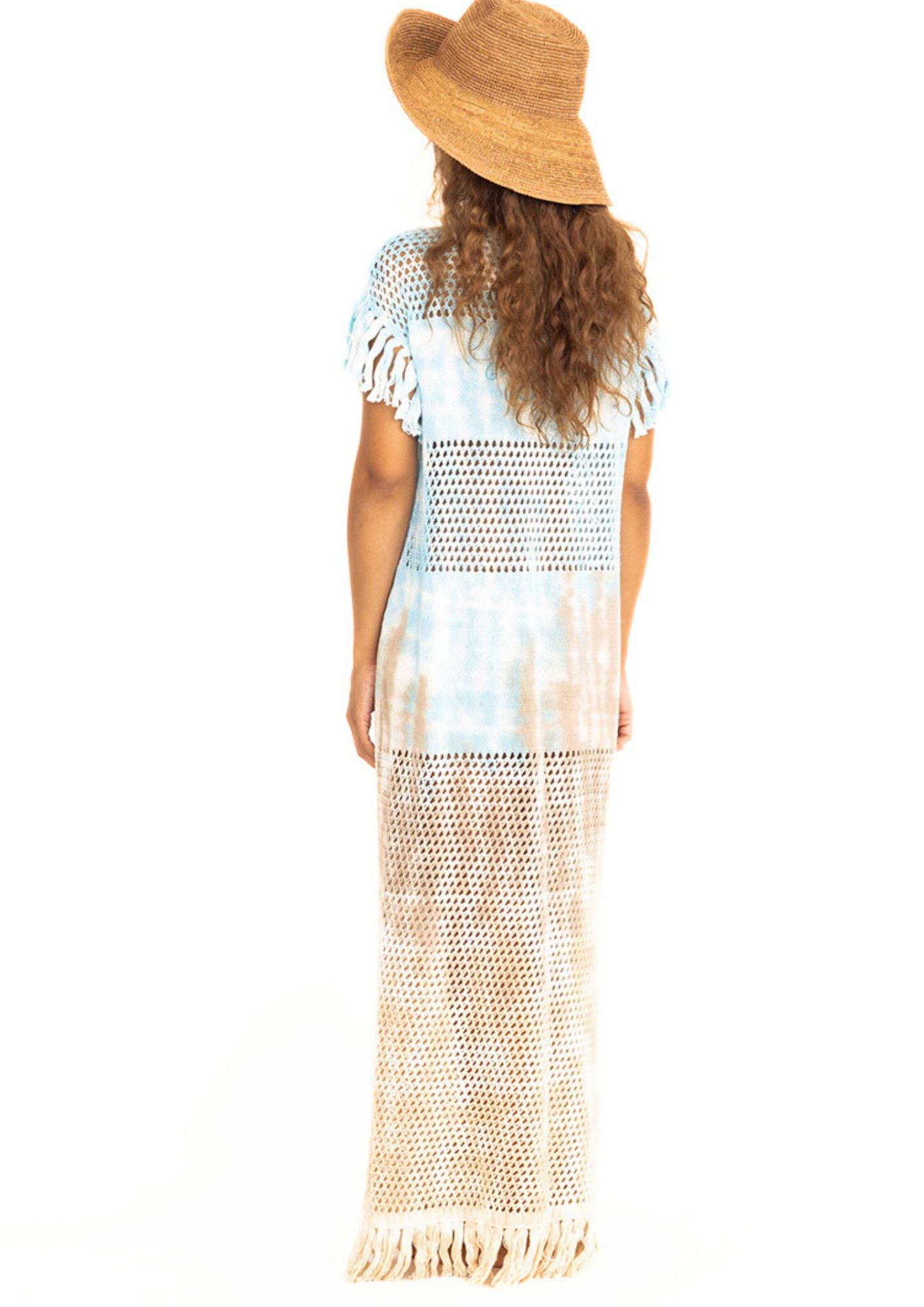 Handcrocheted mesh highend holiday dress in light blue and sand tiedye with fringes
