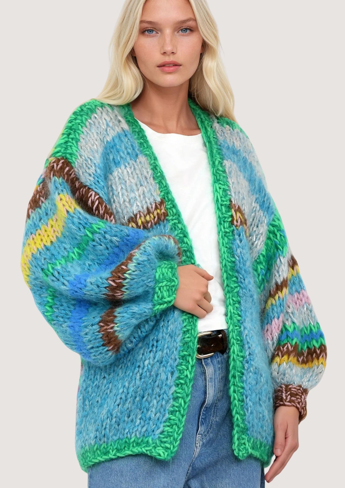 Cardigan Femme AB Studio Taille XL - Bleu/vert Avec Ceinture, Neuf Avec étiquettes