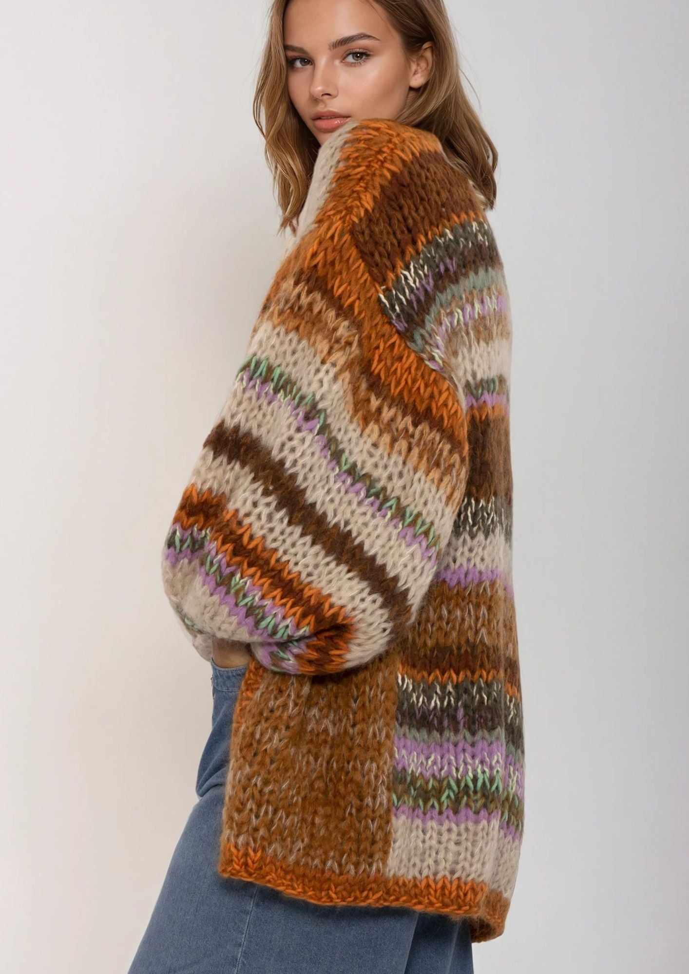Woman wearing a multicolored striped handknitted sweater against a plain background