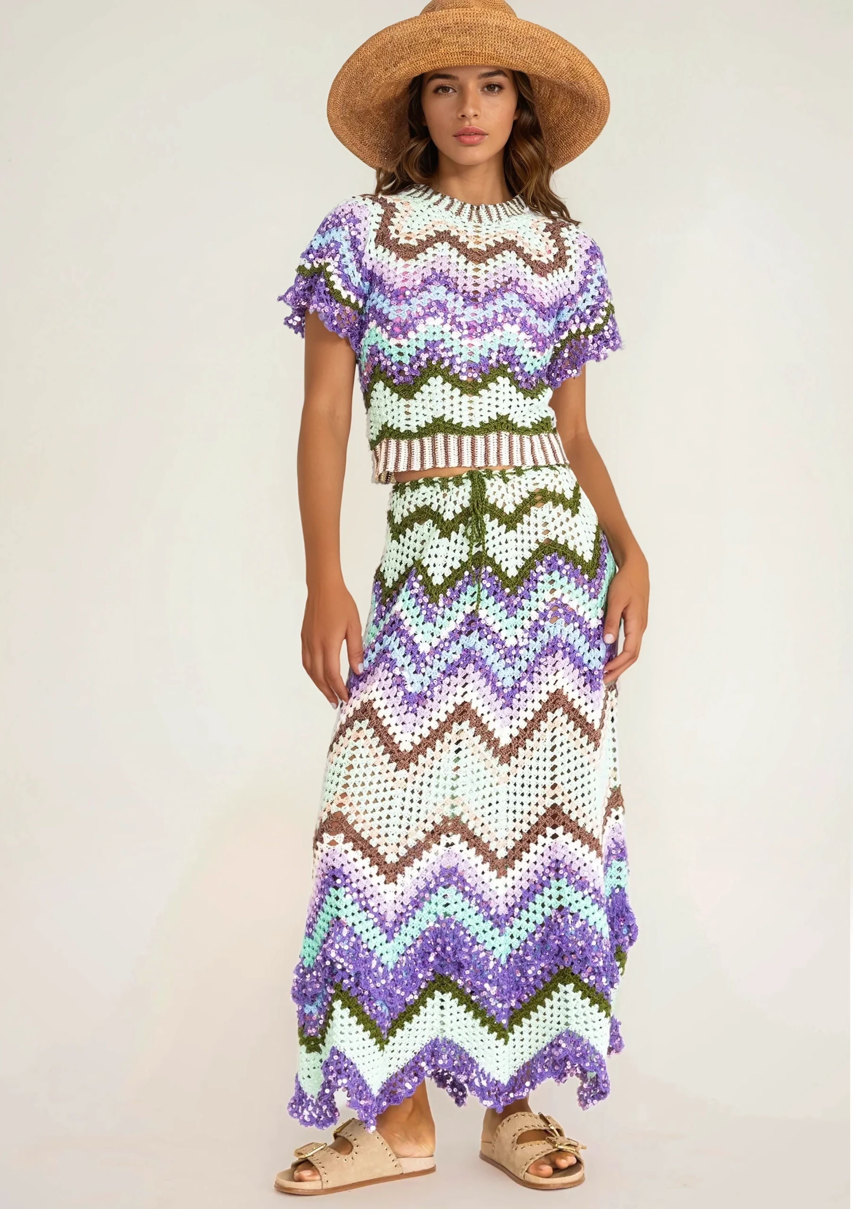 A girl in a handcrocheted top and skirt with zigzag pattern crochet style 2025