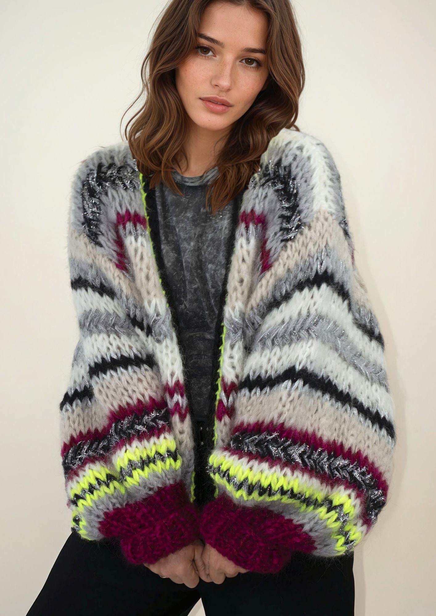 Handknitted mohair burgundy grey beige cardigan