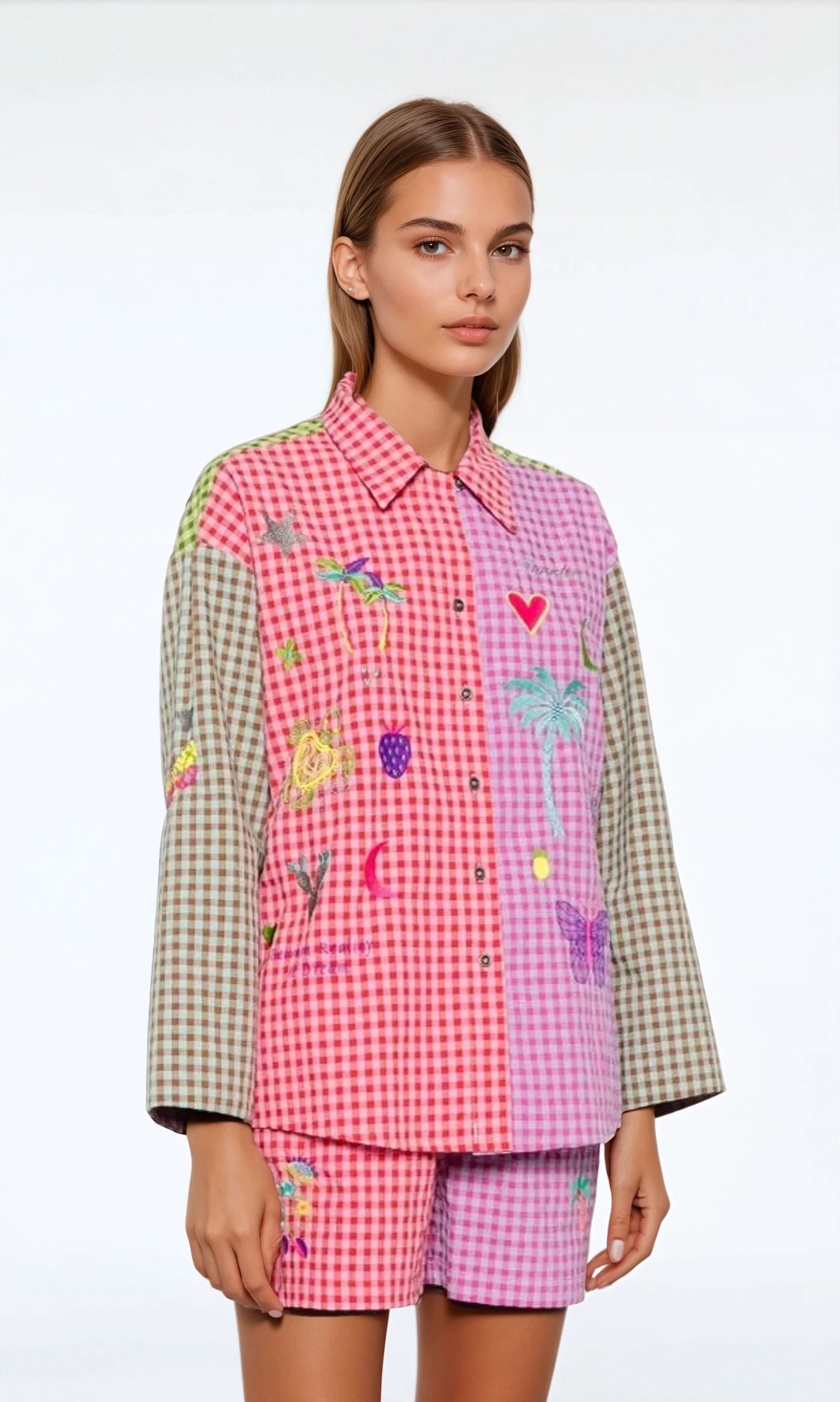 Girl in a patchwork shirt with embroideries