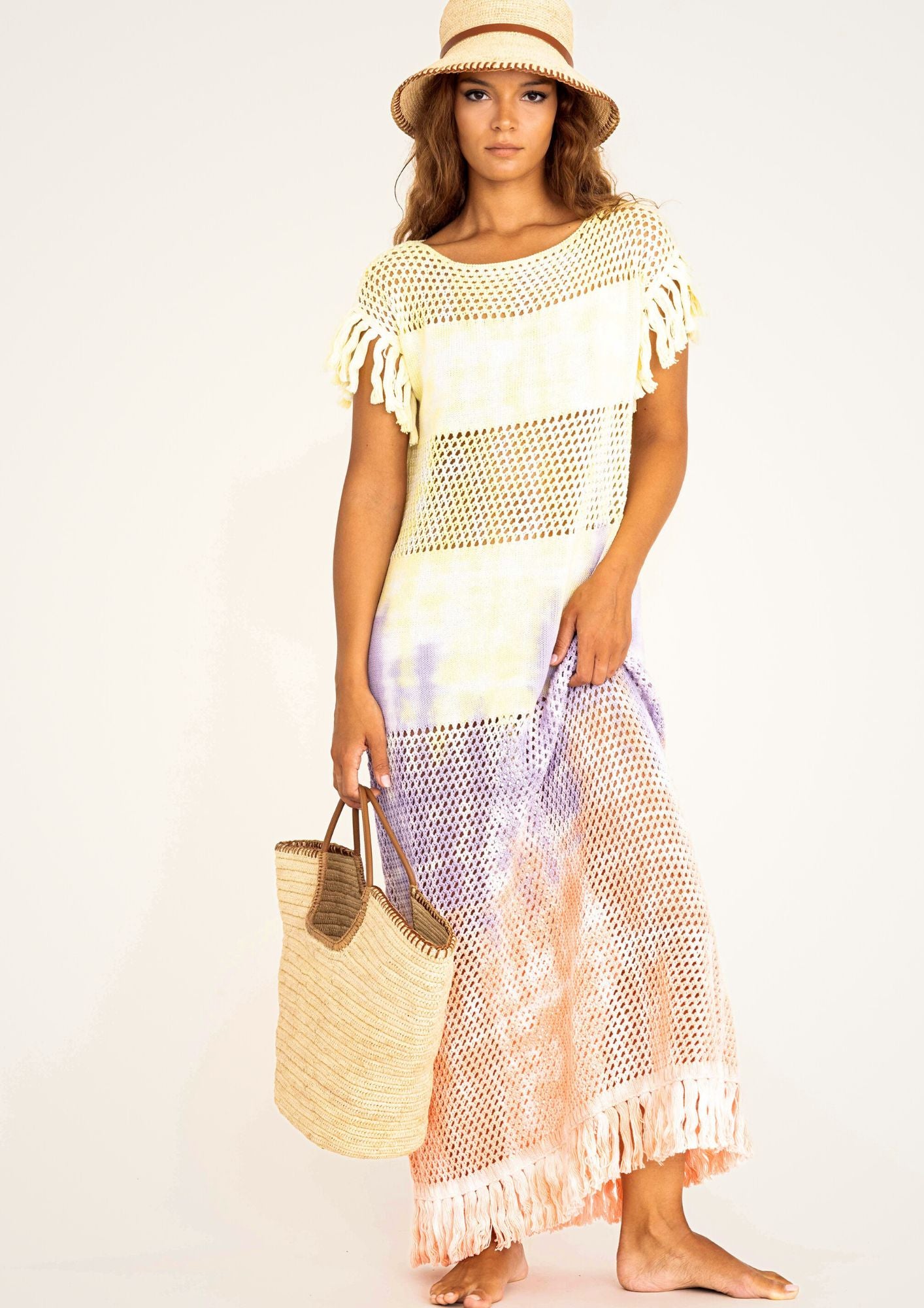 Handcrocheted highend holiday dress in pastel rainbow tiedye with fringes