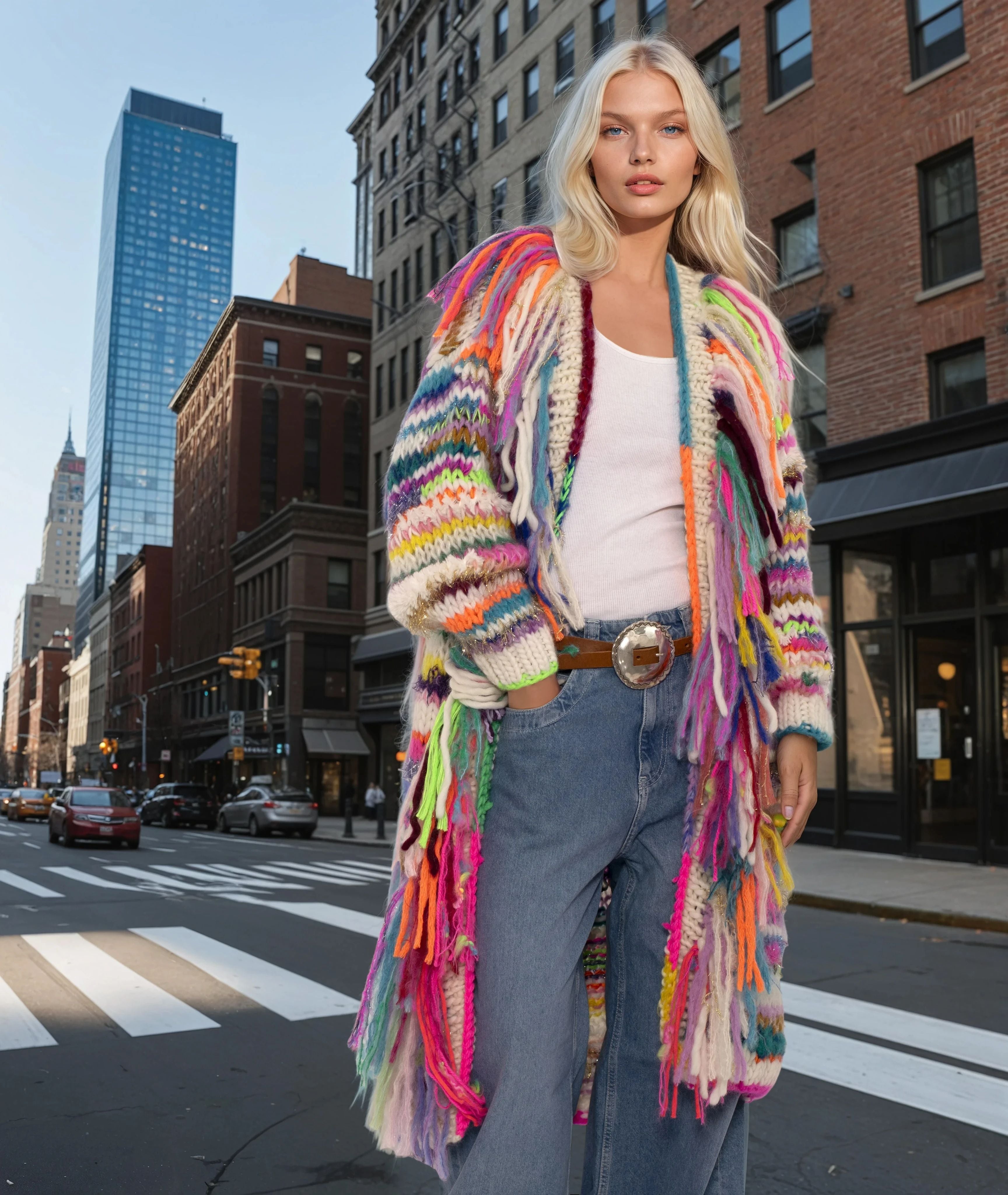 Woman wearing a colorful handknitted cardigan in New York