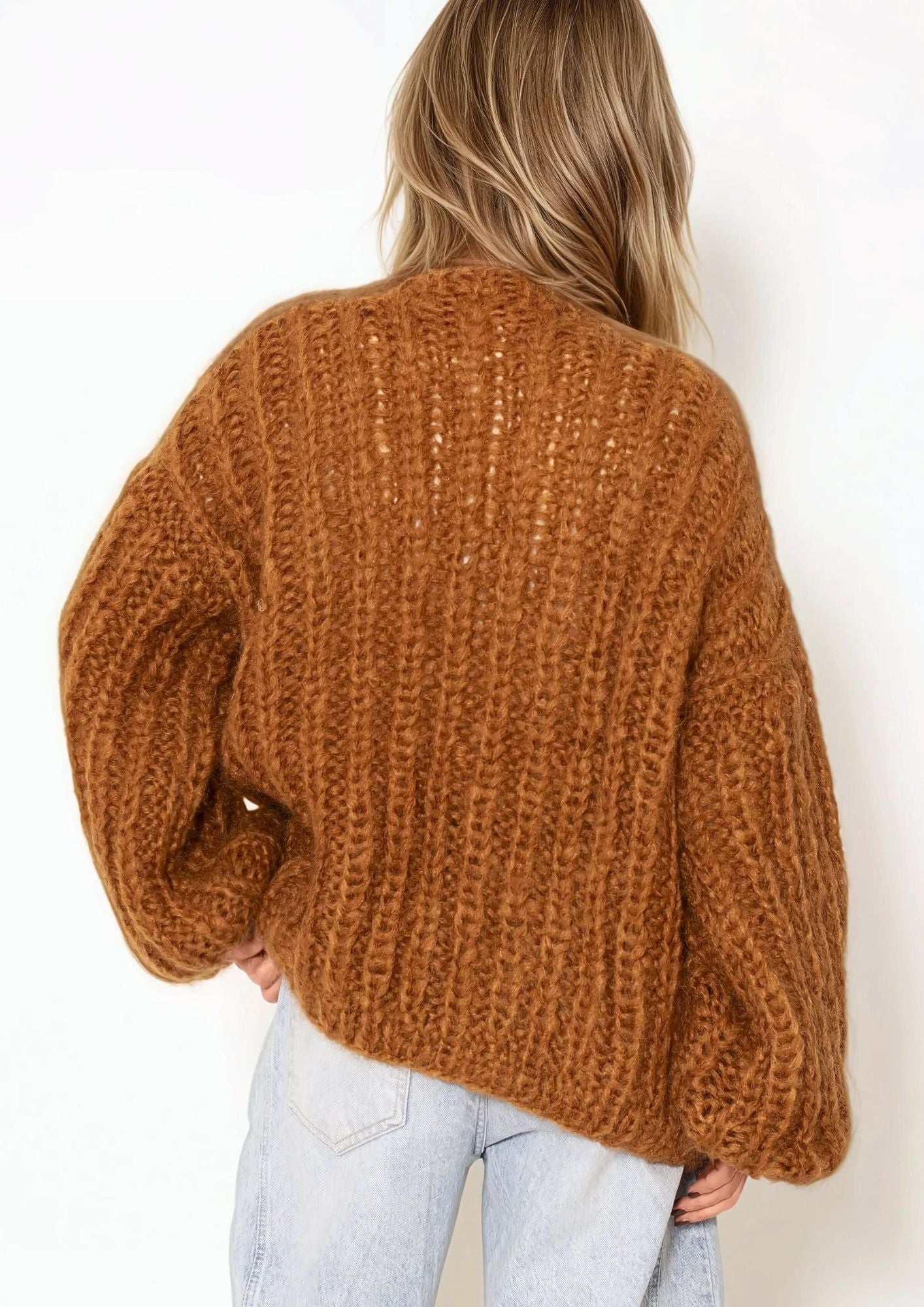 back of brown chunky handknitted cardigan