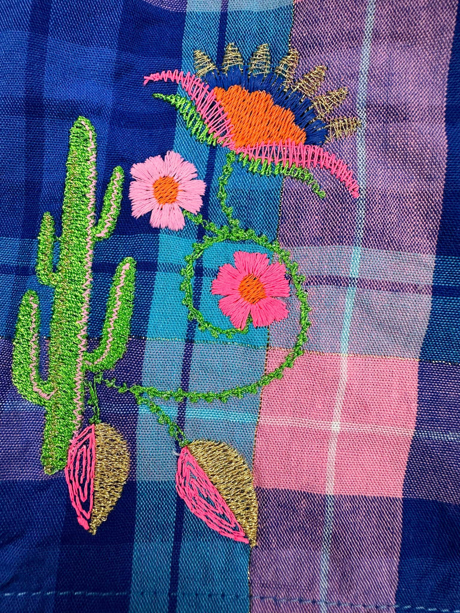 cacti and flowers on gingham fabric Susanna Blu