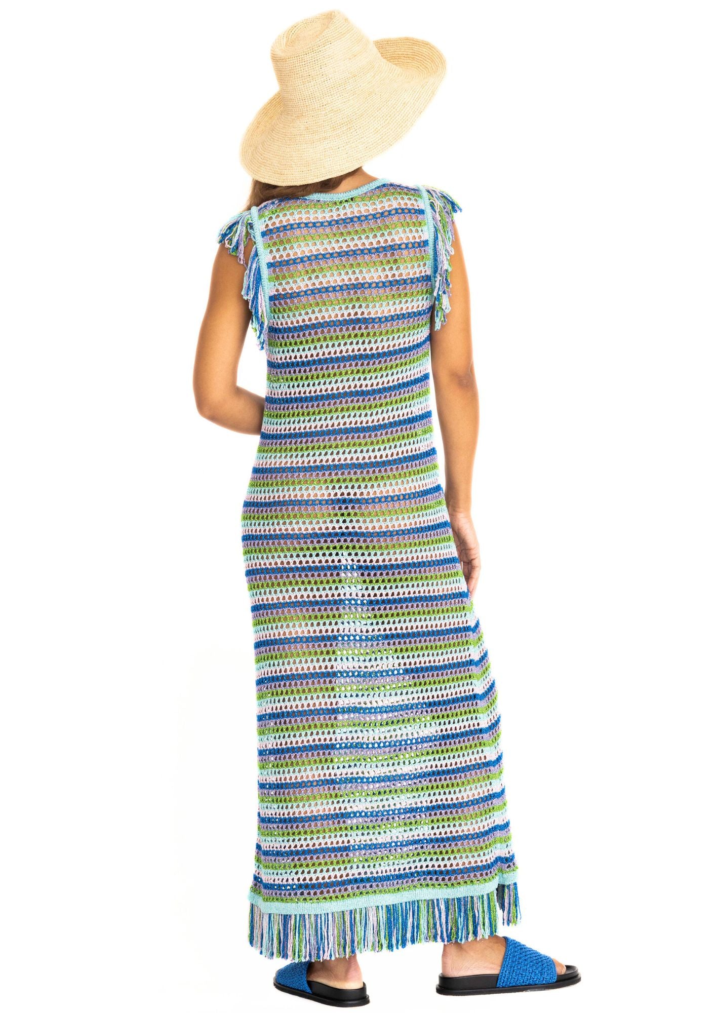 Handcrocheted dress with stripes in blue, aqua and turquoise, with fringes