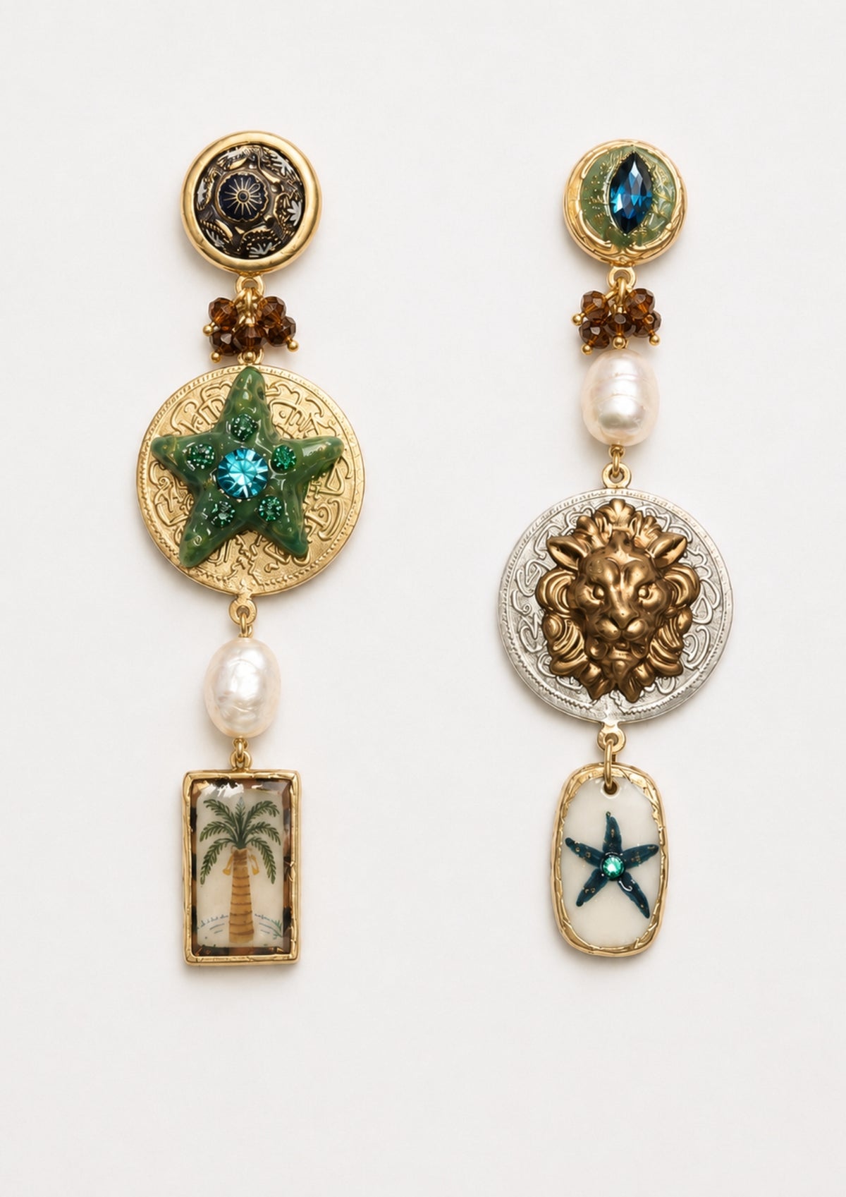 highend metal and pearl and resin earrings with palmtree and seastar