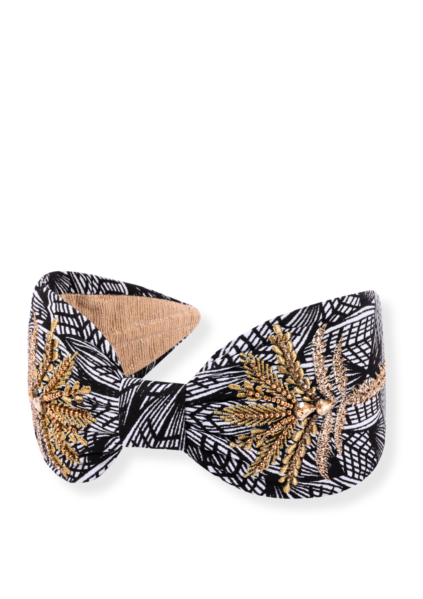 headband in black and white with gold palmtree embroidery