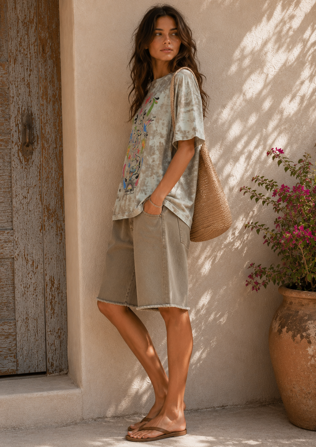 A woman stands outdoors against a sunlit stucco wall next to a rustic wooden door and a potted plant, wearing a loose short-sleeve tunic top with a multicolor floral print, matching beige shorts, and flat sandals, while carrying a woven straw bag.