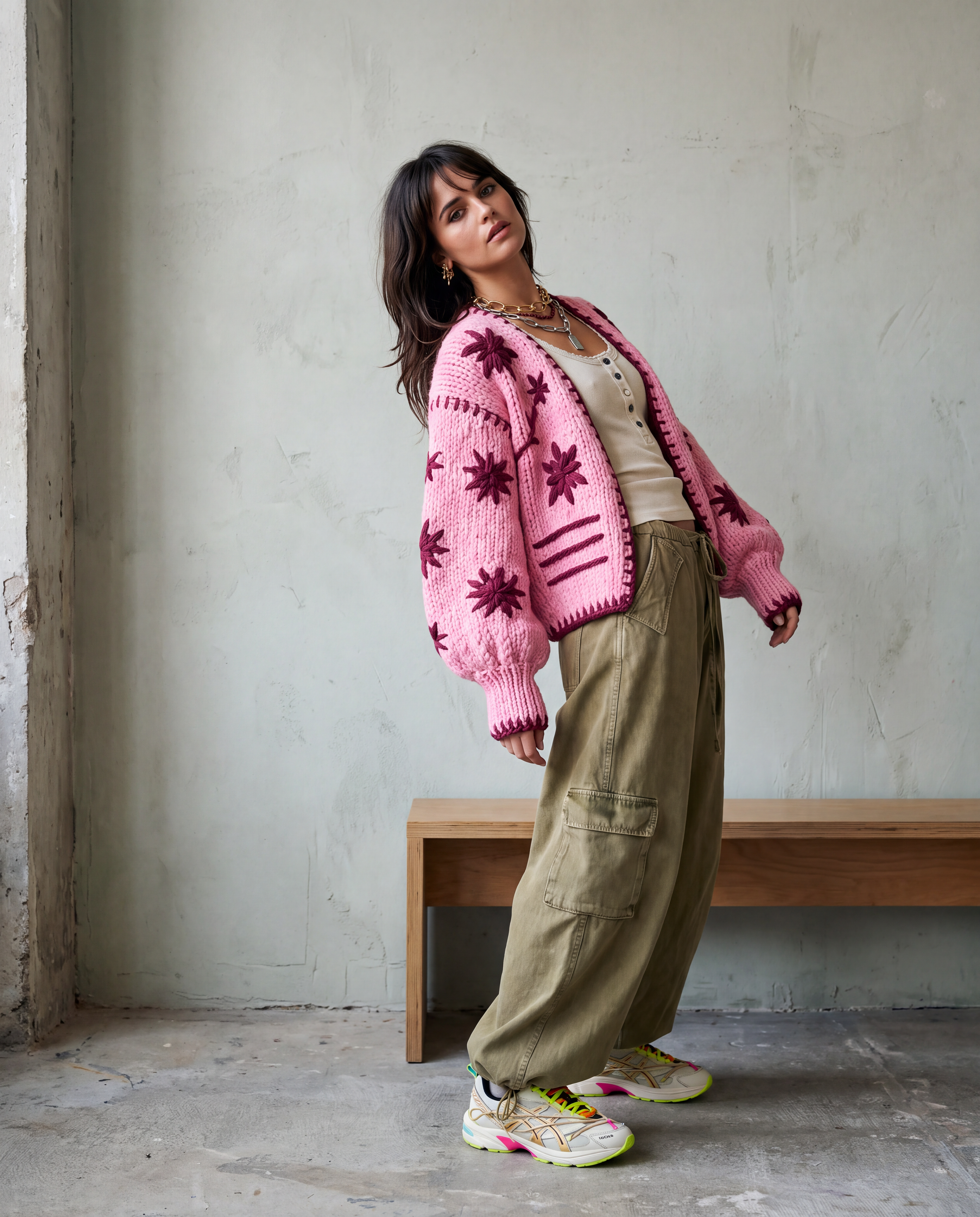 A woman models a pink hanknit cardigan with dark magenta geometric and floral patterns, paired with olive cargo pants and white sneakers with neon yellow accents, standing in a minimalist concrete room.