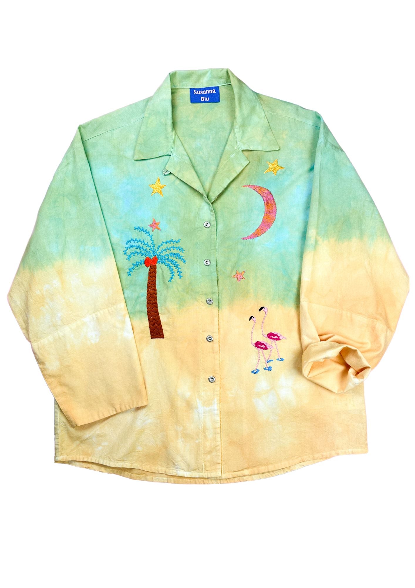 tiedye shirt with palmtree moon stars and birds embroideries susanna blu