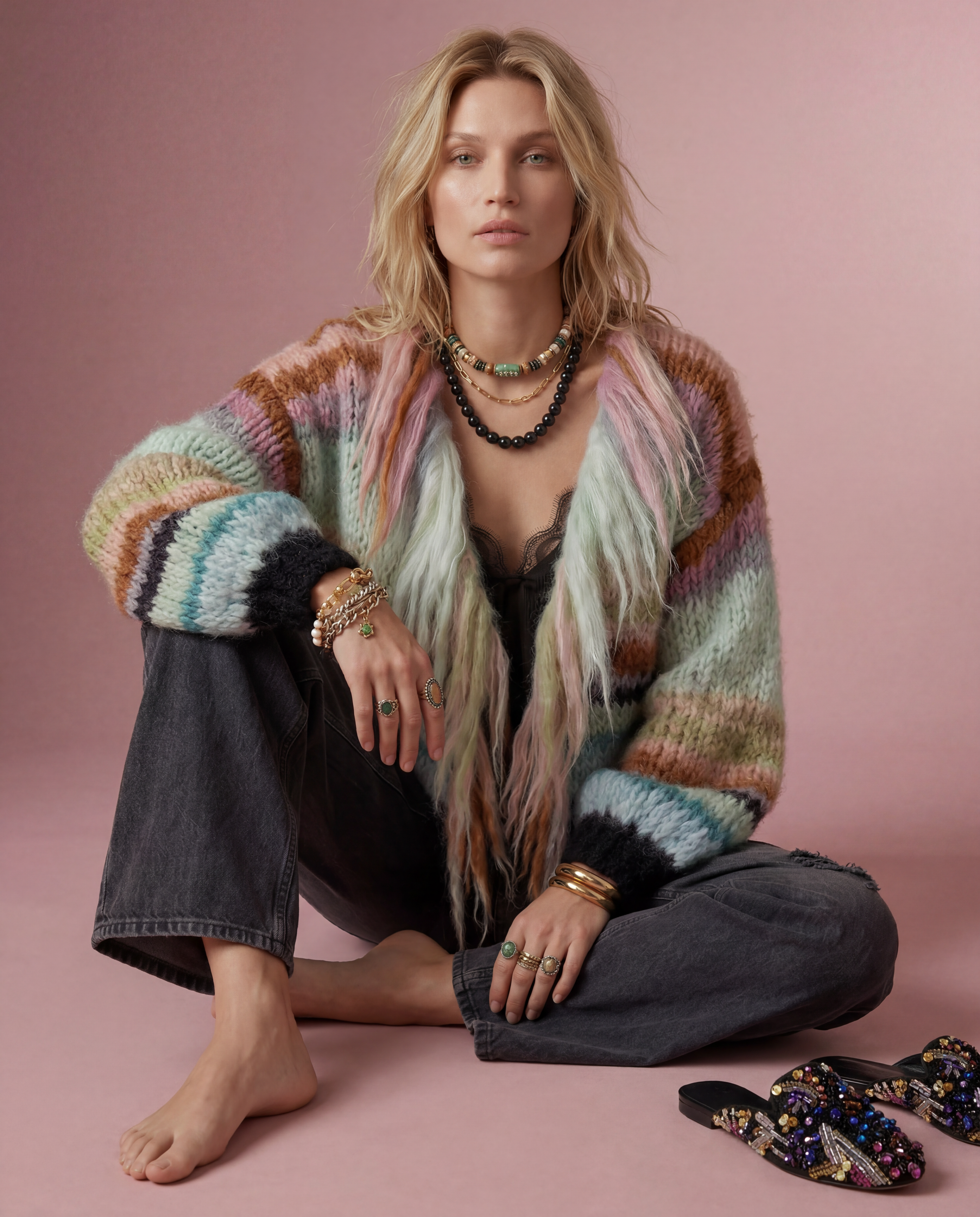 Woman wearing a colorful striped cardigan and dark pants on a pink background