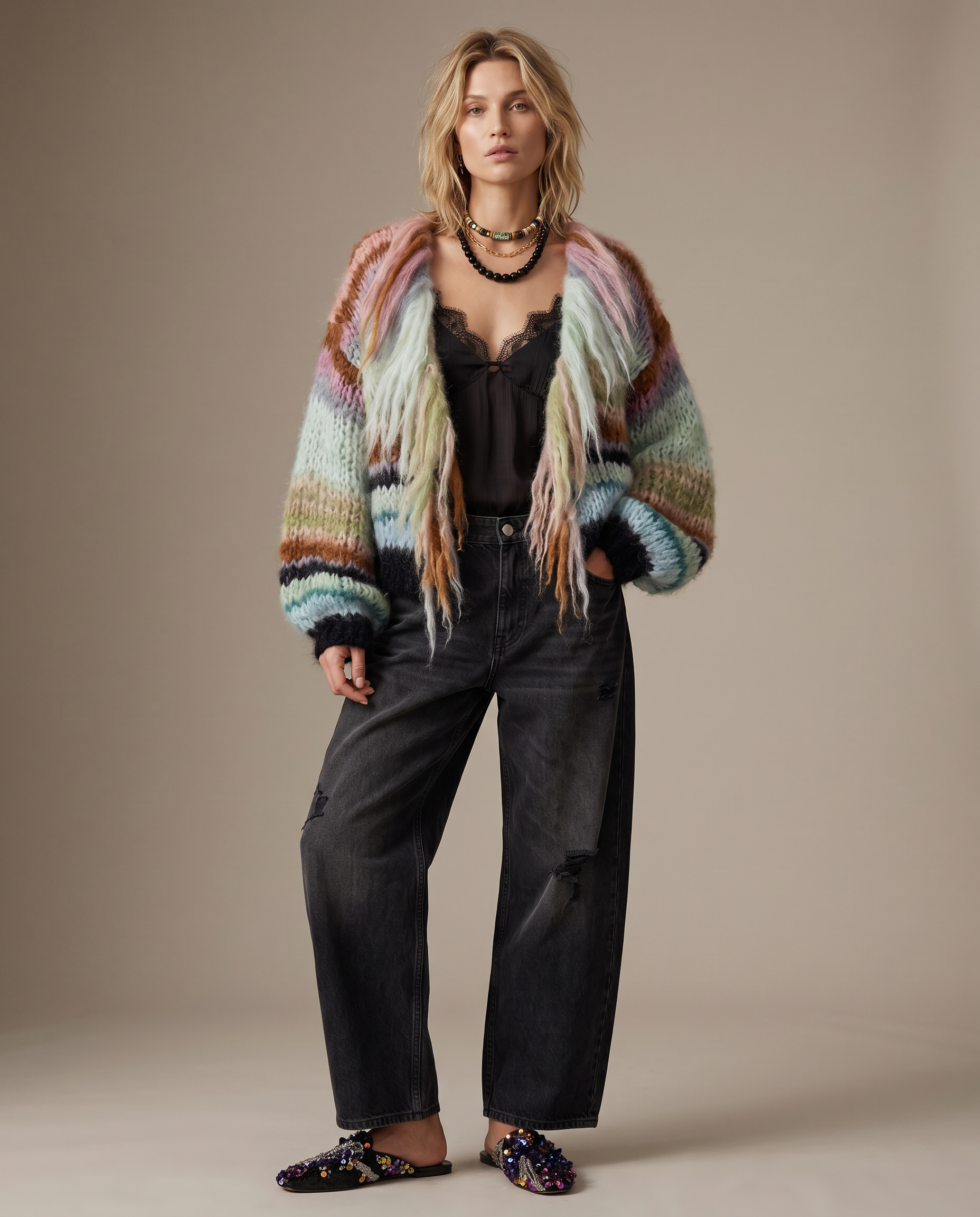 Woman wearing a colorful cardigan with fringe, black pants, and floral shoes on a beige background