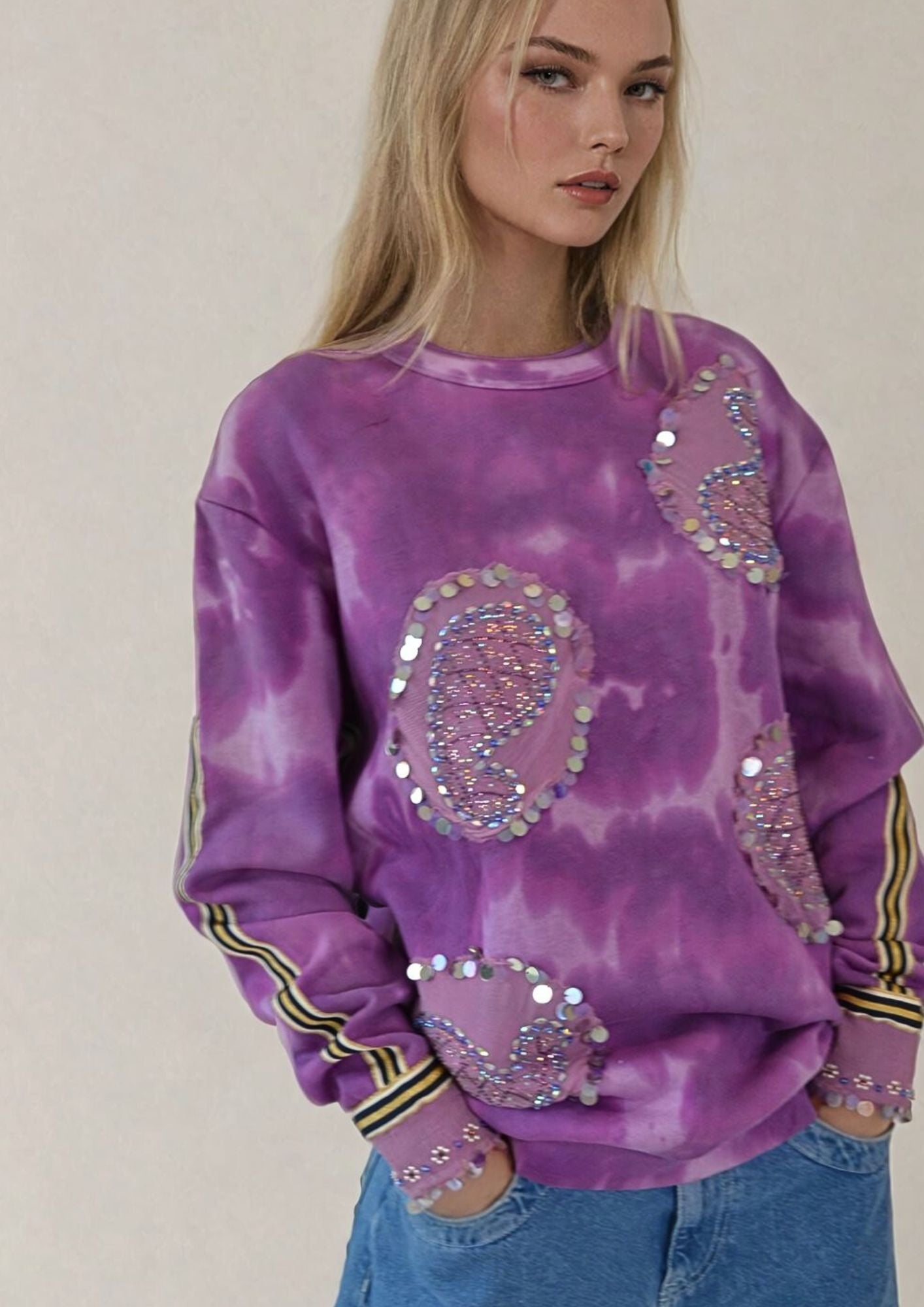 Purple tiedye sweatshirt with sequin appliques and sporty Adidas style striping