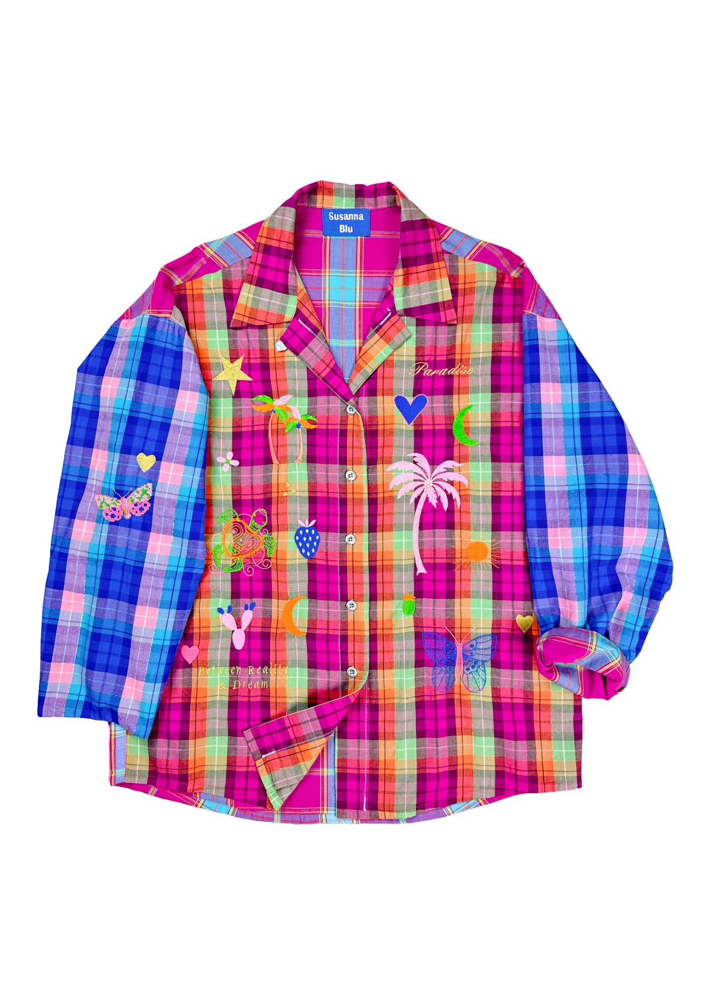 Susanna Blu gingham shirt with tropical embroideries