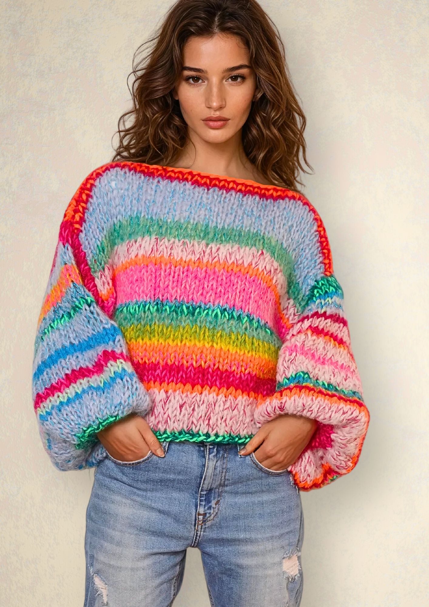 Girl in colorful handknitted striped mohair sweater