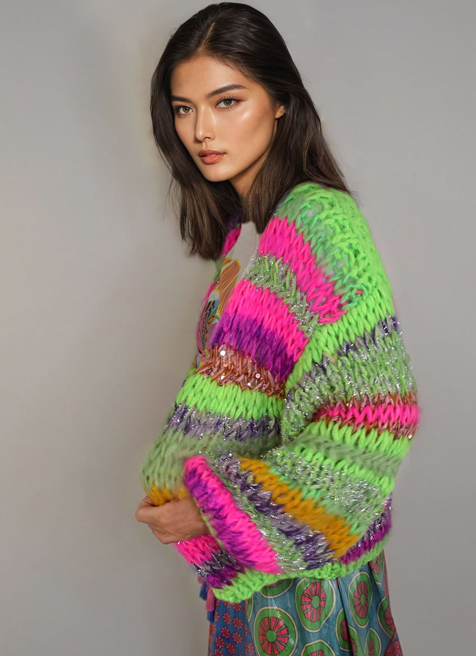 Hand knitted luxury, bright knitwear, dopamine dressing. Happy clothing. Luxury yarns.