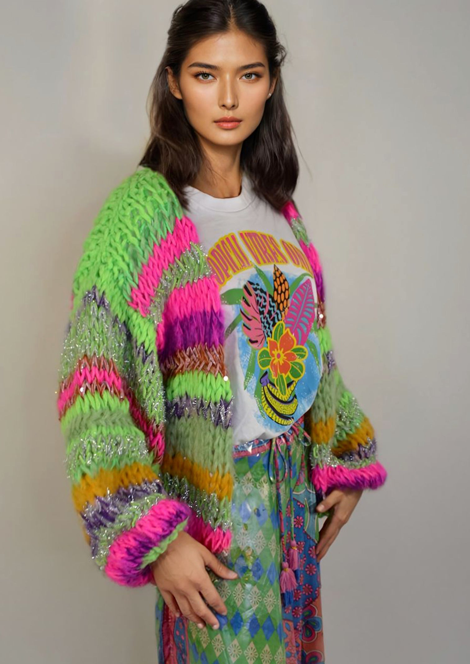 Hand knitted luxury, bright knitwear, dopamine dressing. Happy clothing. Luxury yarns.