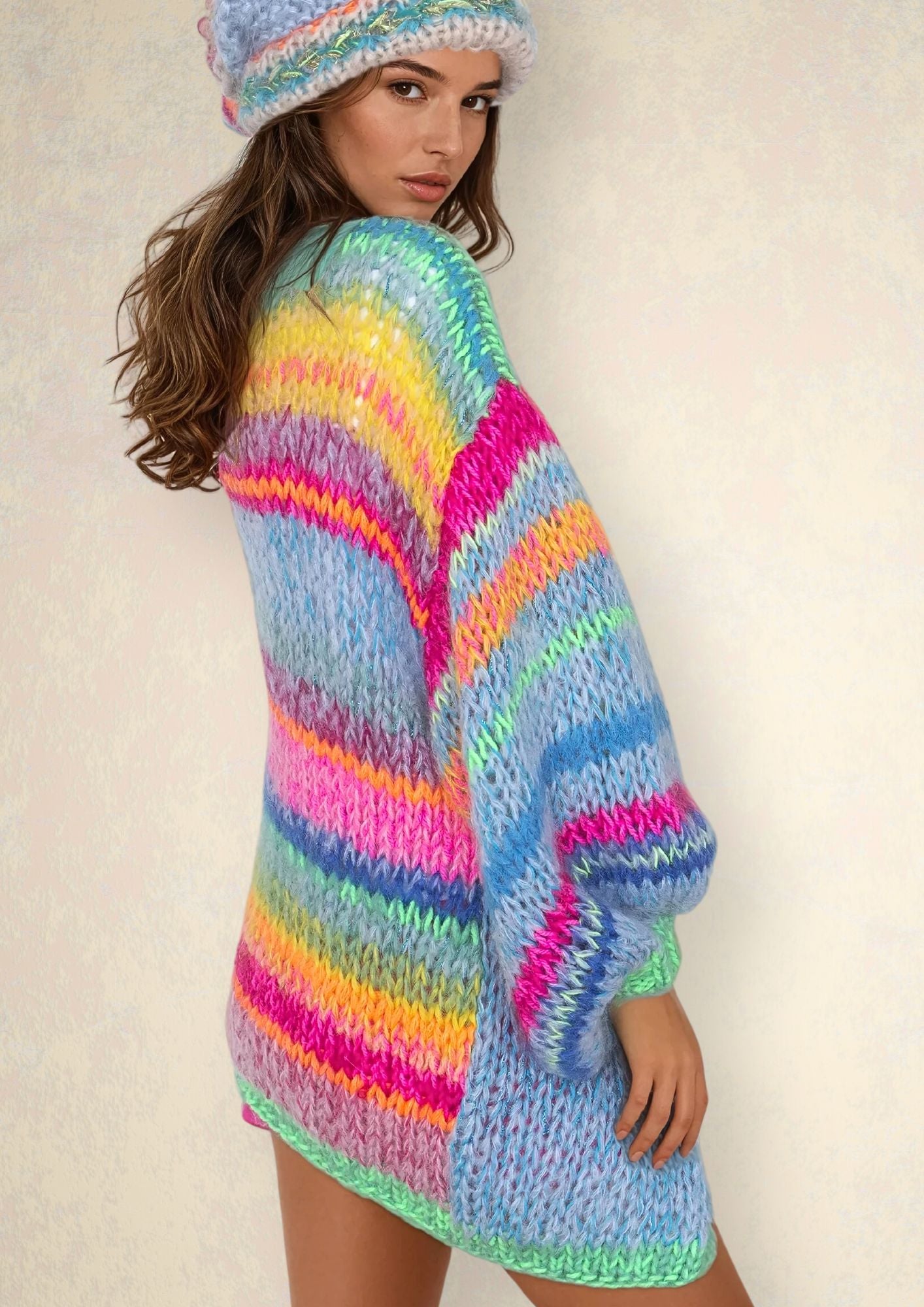 girl in colorful handmade cardigan