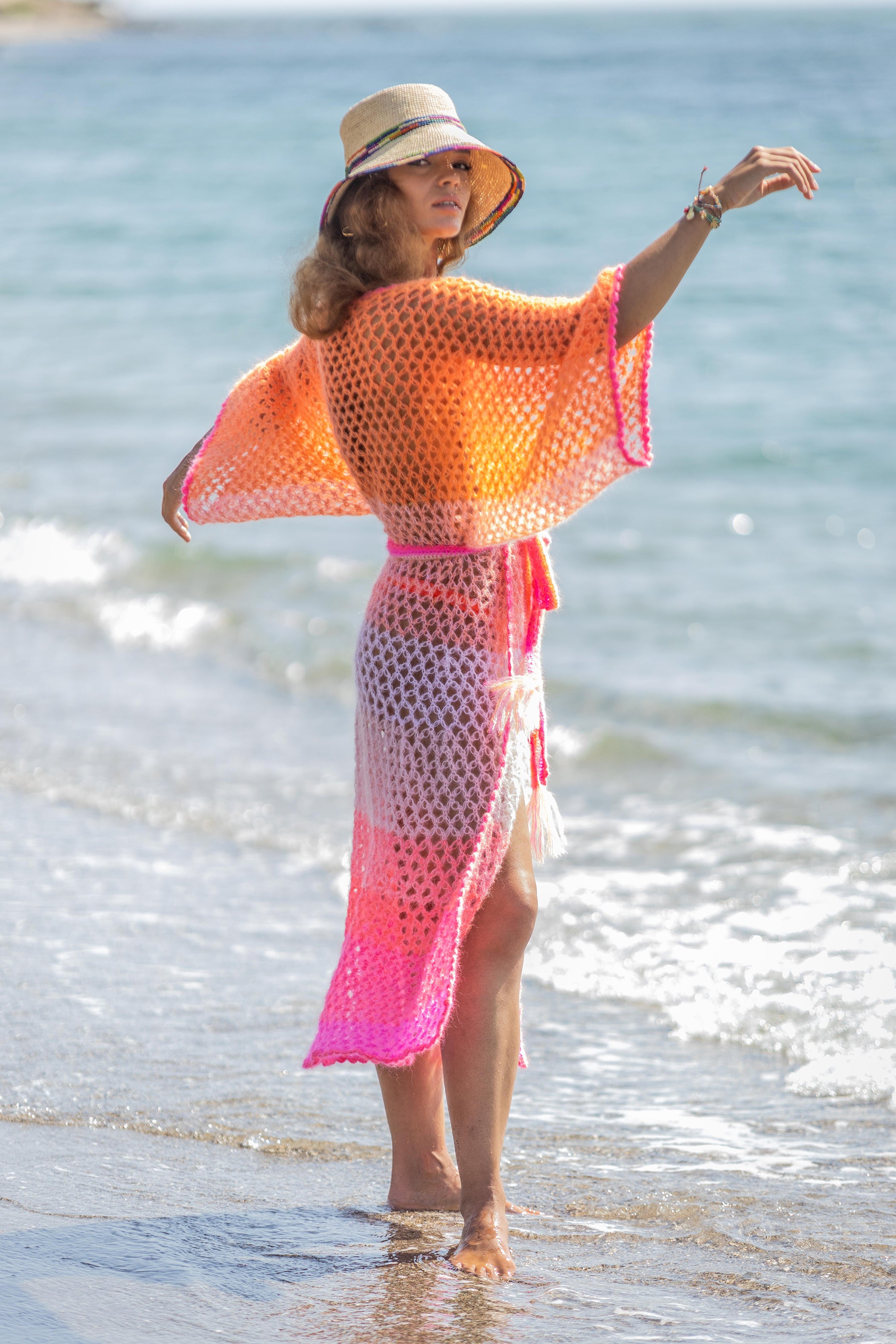 Light silk Handcrocheted cardigan in  pink orange degrade