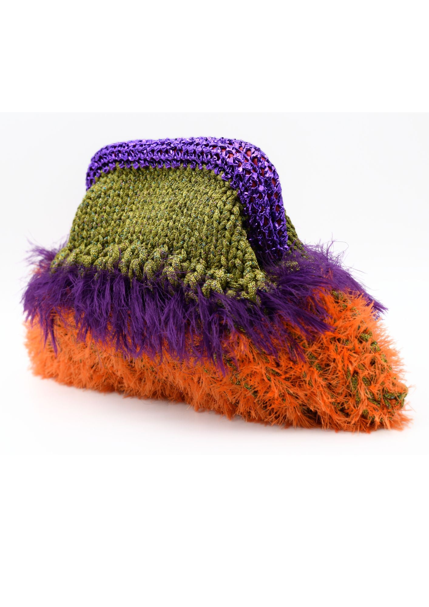 Purple orange green feathered crochet clutch Nadia dafri side view