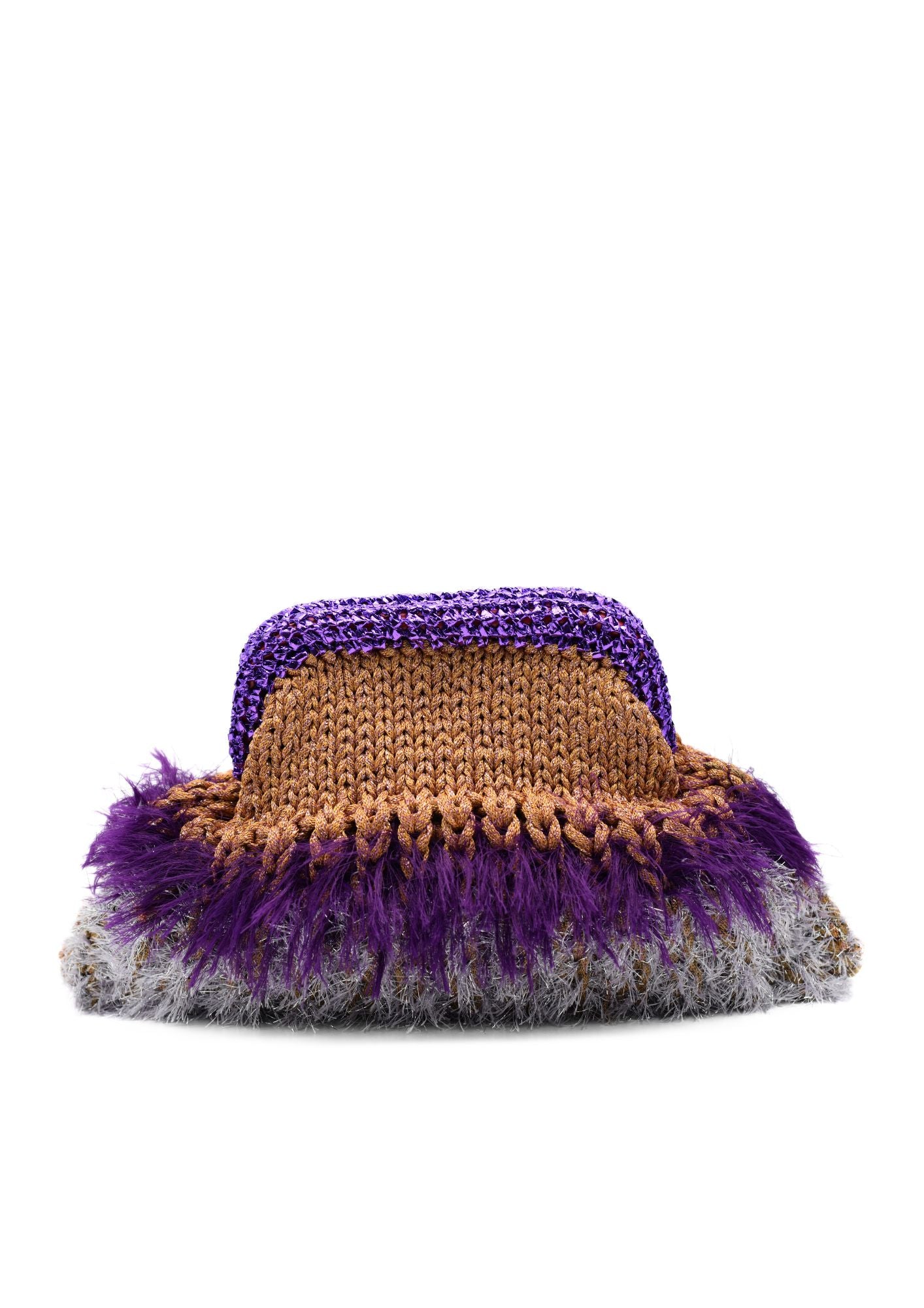 handcrocheted_brown_ purplemetallic_and_feather_clutch