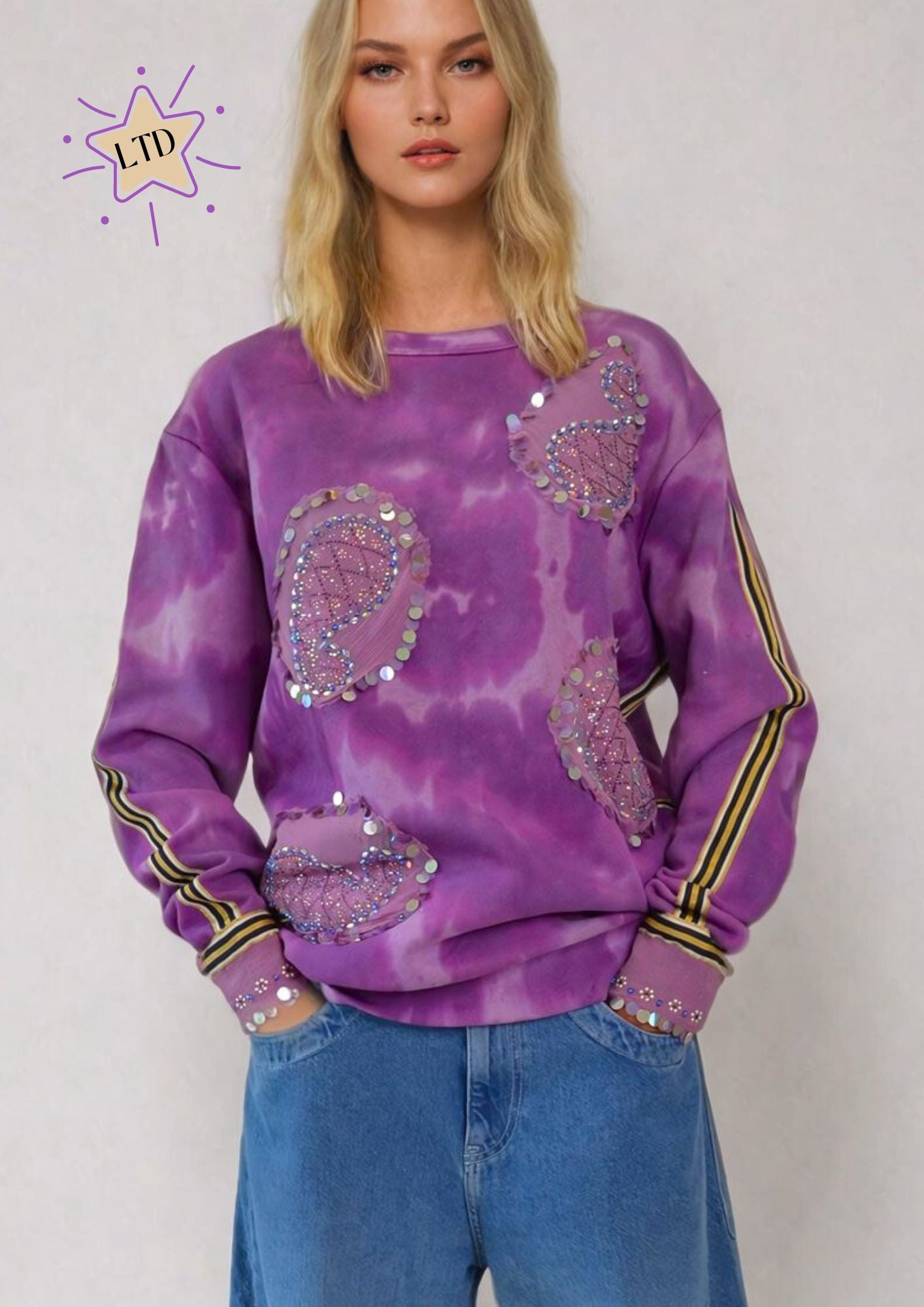 Purple tiedye sweatshirt with sequin appliques and sporty Adidas style striping