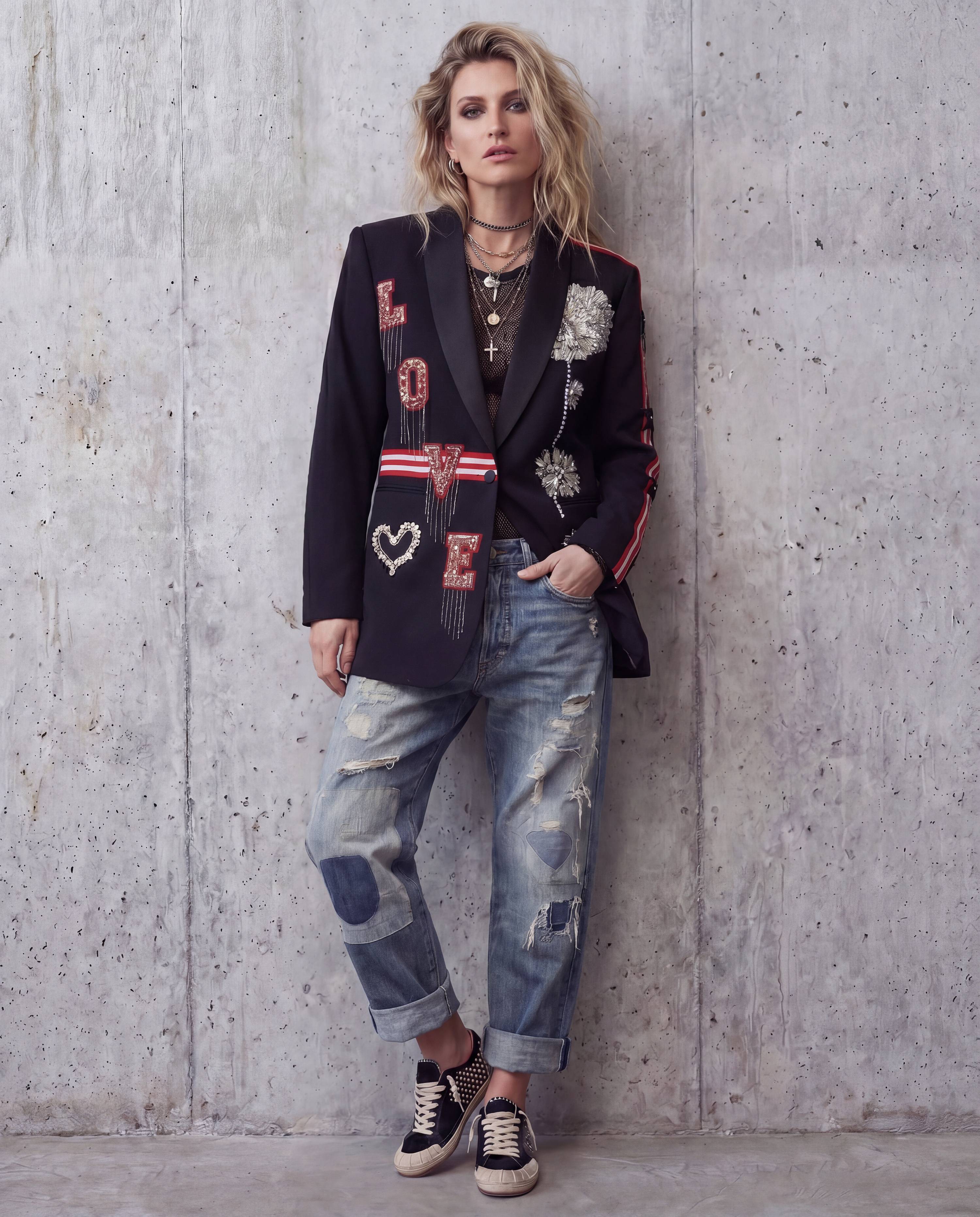 A woman stands against a textured concrete wall wearing a black patchwork blazer with embroidered letters and floral motifs, distressed light-wash blue jeans, and black-and-white sneakers.