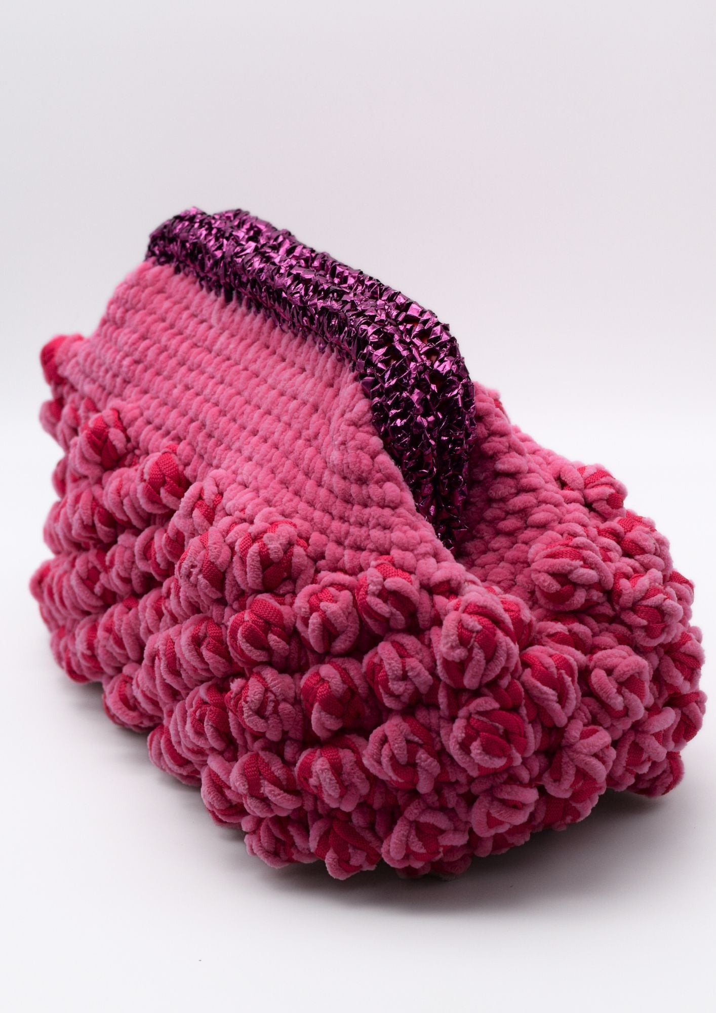 bobble crochet bag in pink velvet side view