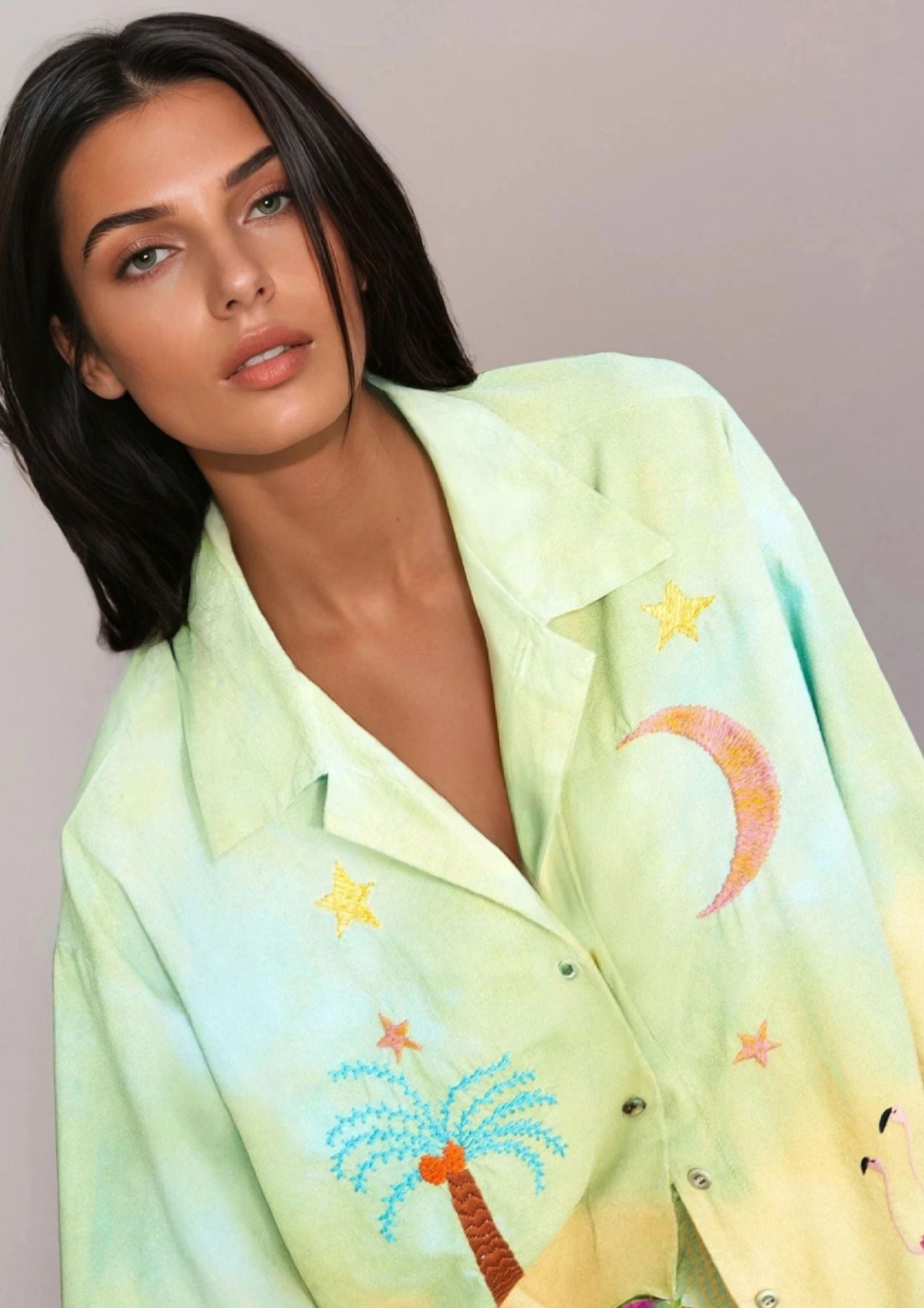 Handdyed shirt with palmtree and moon embroideries