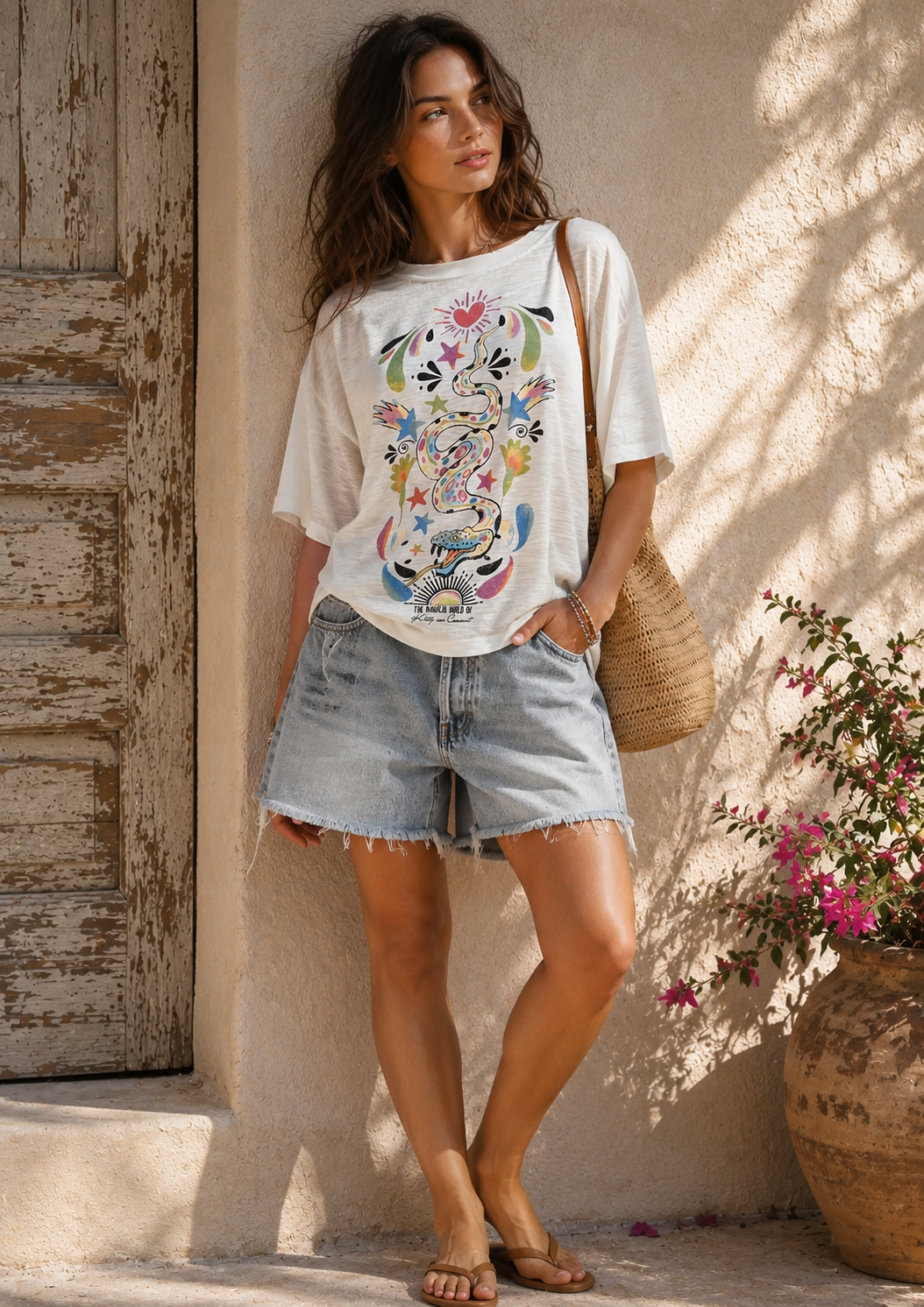 A woman stands outdoors against a sunlit stucco wall wearing a white graphic T-shirt with a colorful floral and animal print, light-wash denim shorts, and brown sandals. She carries a woven straw shoulder bag.