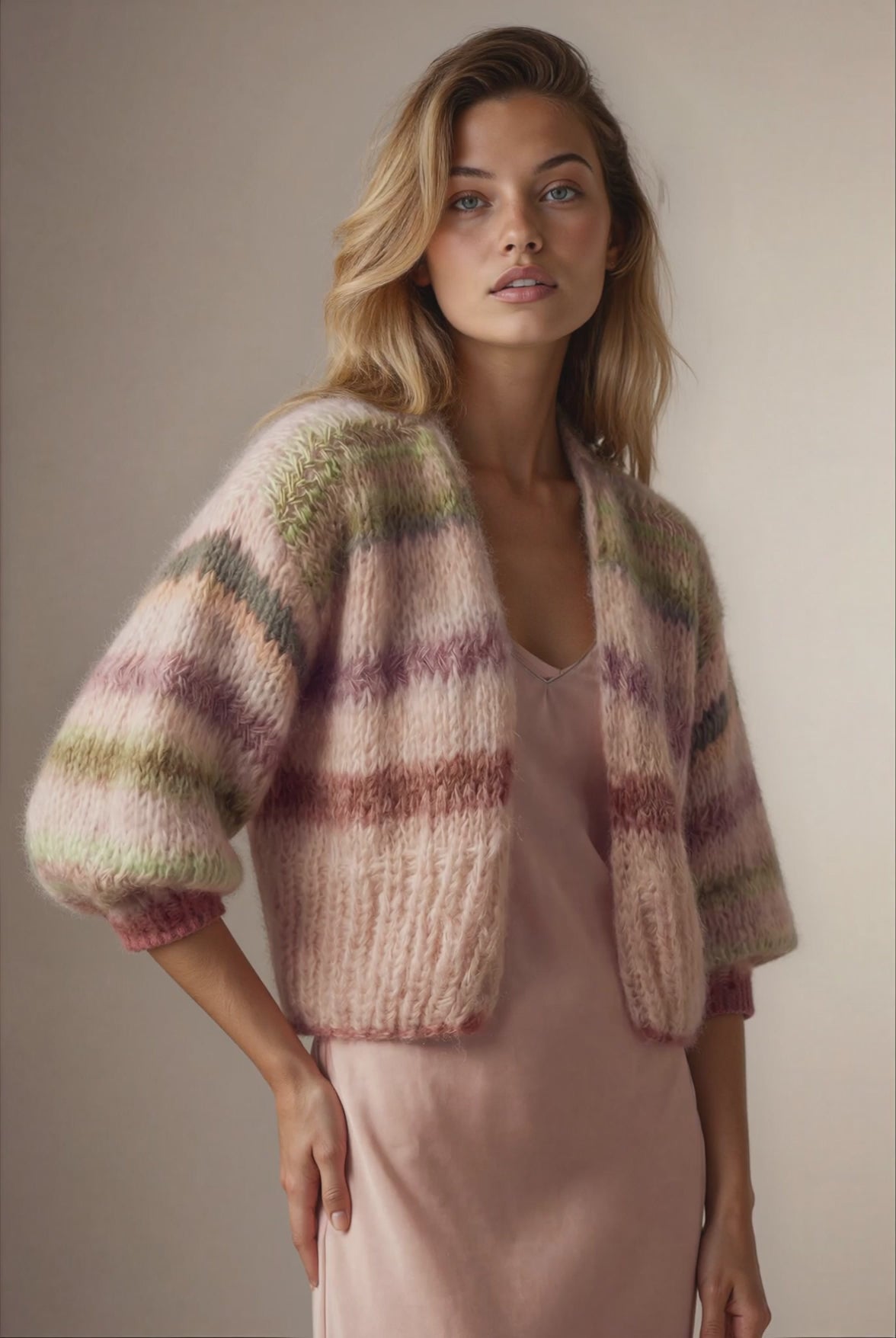 Woman wearing a beige with pastel shaded handknitted cardigan in mohair