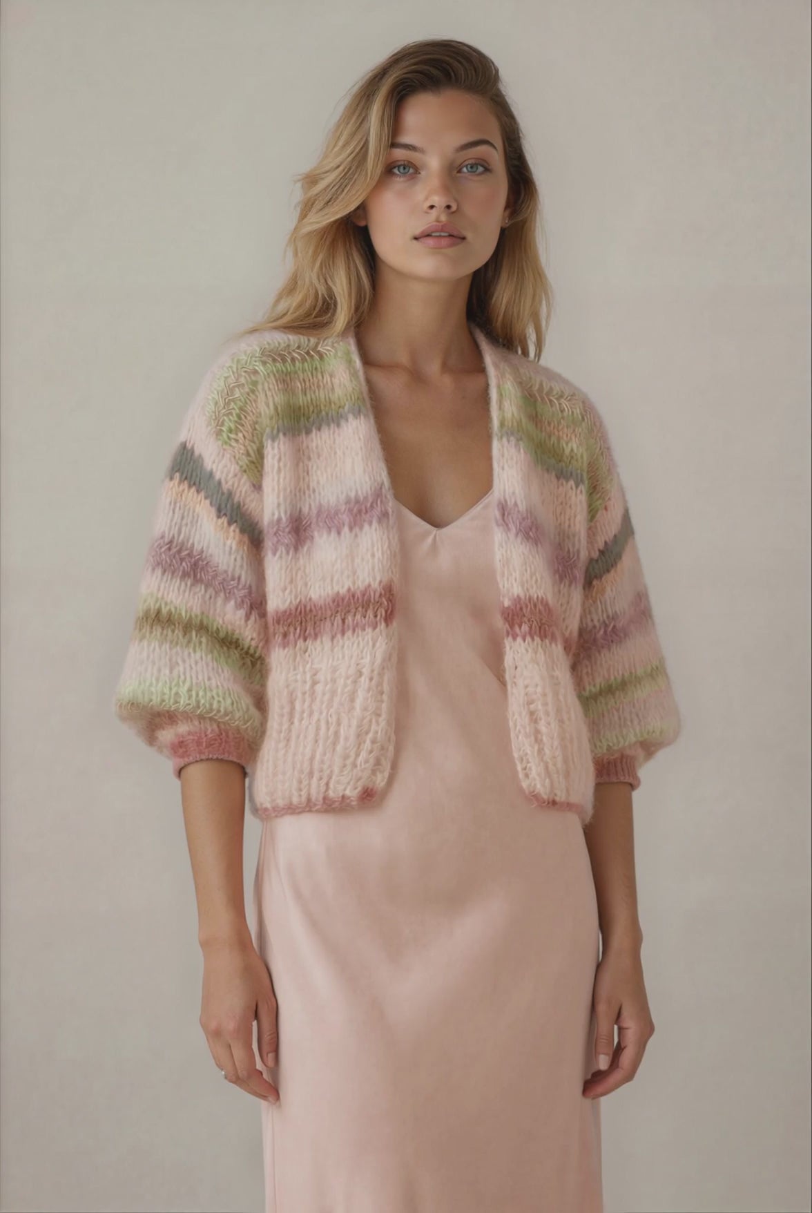 blonde woman in a beige short handknitted cardigan with pastel stripes