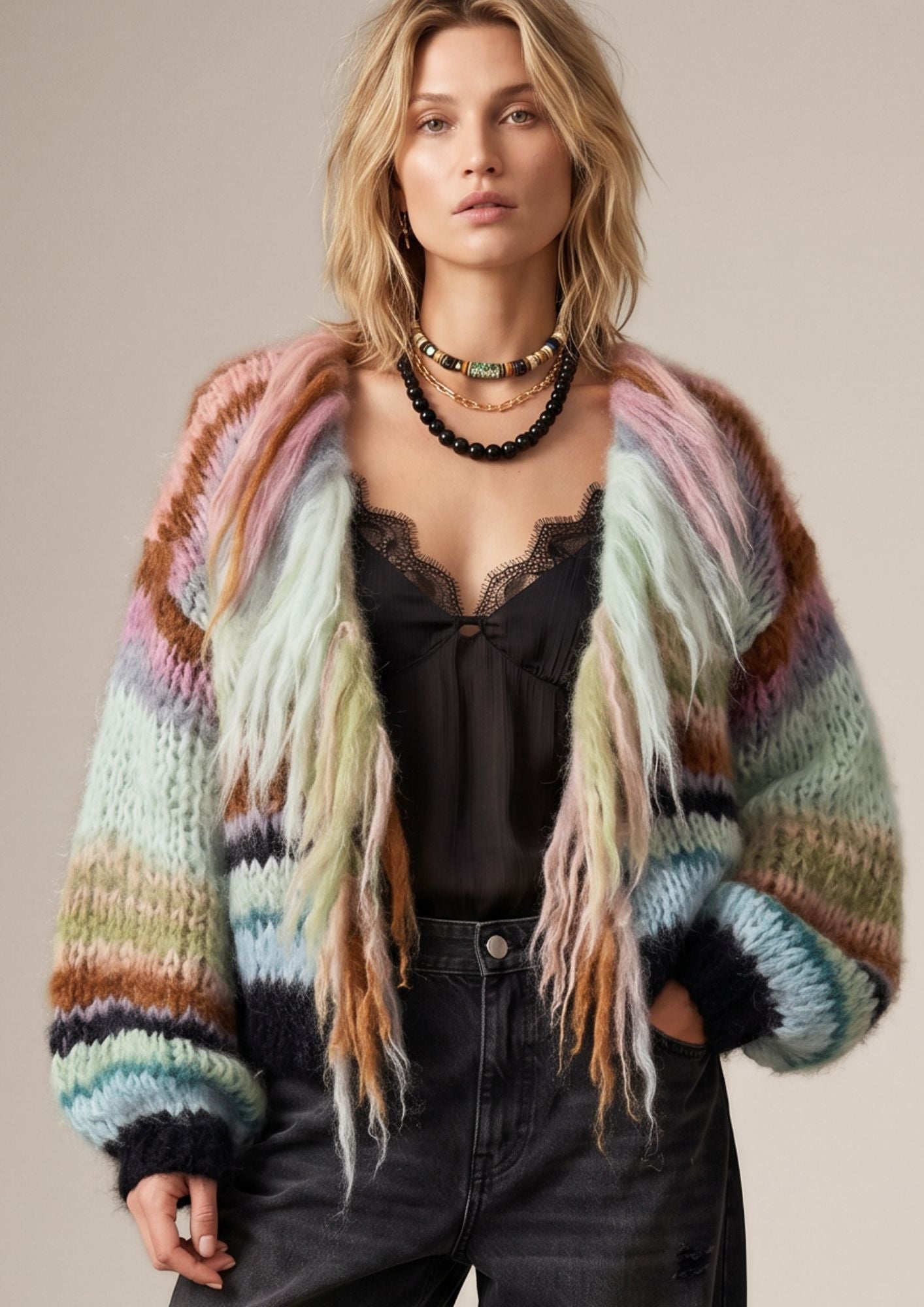 Woman wearing a colorful knitted cardigan over a black top and jeans on a neutral background